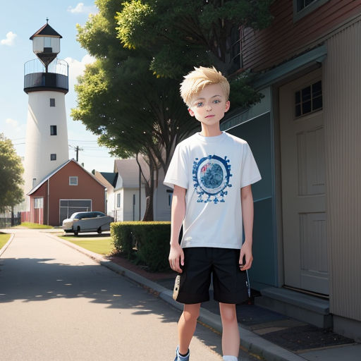 a young boy standing on a skateboard on a street near a lighthouse and a house with a clock tower