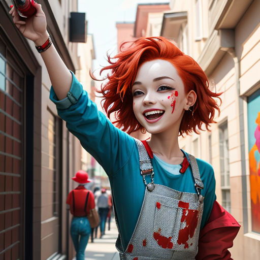 a woman with red hair and makeup is holding a red apple in the air and smiling at the camera