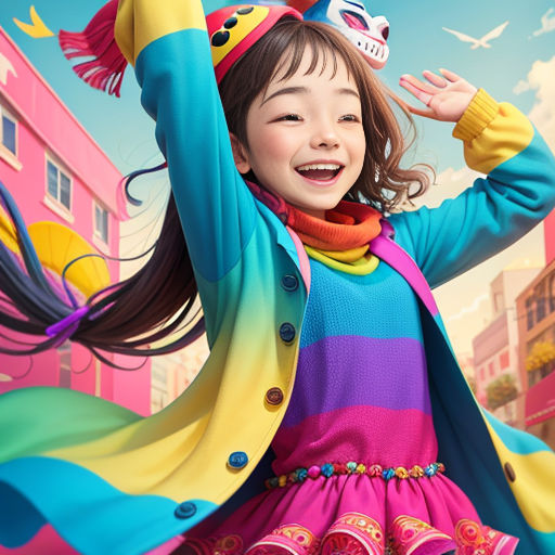 a little girl in a colorful dress and a colorful coat and hat with a bird on her head and a kite in the air