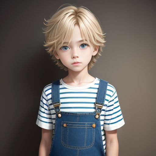 a little boy with a blue overalls and a striped shirt on is posing for a picture with a brown background
