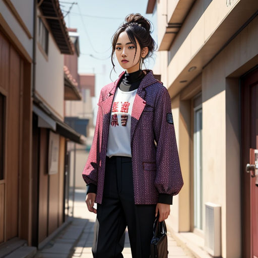 a woman standing on a sidewalk in a city with a handbag in her hand and a jacket on her shoulder