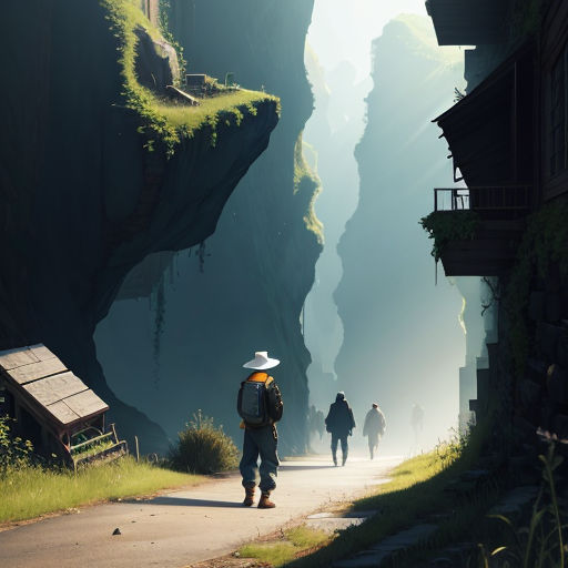 a man with a hat walking down a road next to a cliff side with a cliff face on it