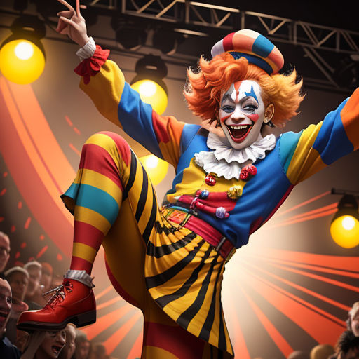 a clown is performing on stage with a crowd watching him and his hands are in the air and his legs are in the air