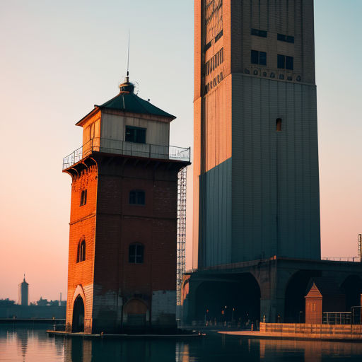 a tall tower with a clock on top of it next to a bridge and a body of water with a bridge in the background