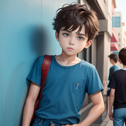a young boy leaning against a wall on a sidewalk with other people walking by him and a blue wall