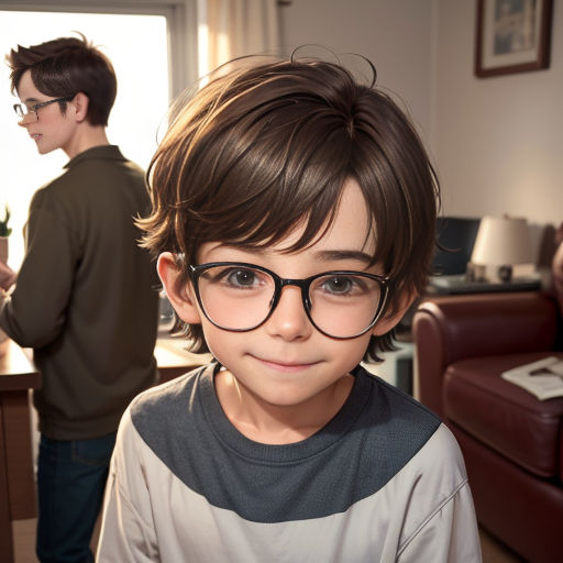 a young boy with glasses standing in a living room next to a couch and a man in a green shirt