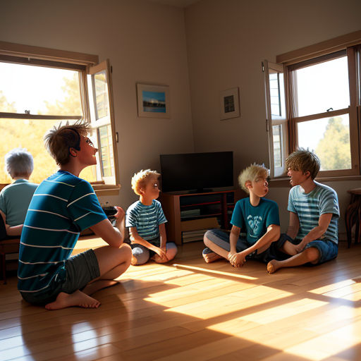 a group of children sitting on the floor in a room with windows and a tv on the wall,