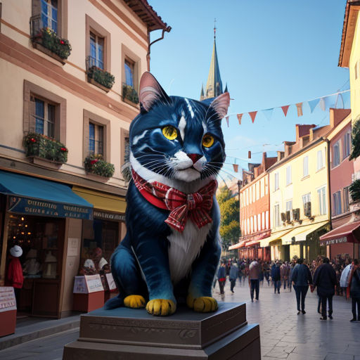 a statue of a cat sitting on a pedestal in a town square with people walking around it and a building in the background