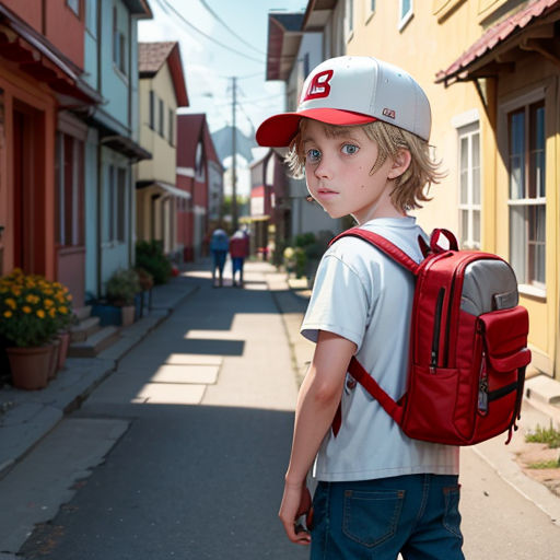 a young boy with a backpack and cap on a street in a small town with houses and a person walking