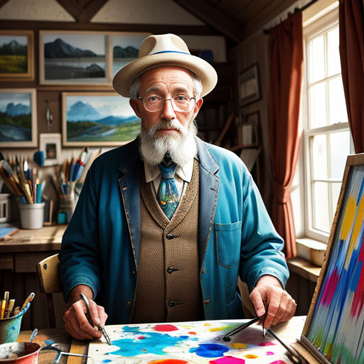 a man with a beard and a hat is painting on a canvas with a brush and palettes in front of him