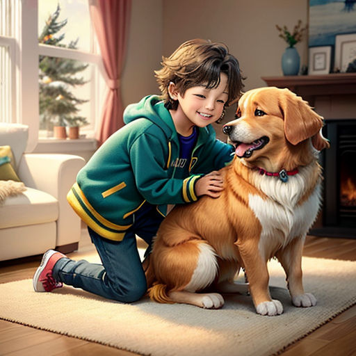 a boy and his dog are in a living room together, with a fireplace in the background and a christmas tree in the background