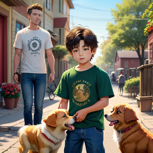 a boy standing next to a dog on a sidewalk with another man walking behind him and another man walking a dog