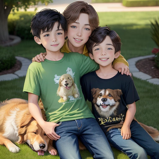 two boys and a dog are sitting on the grass together in front of a tree and a house with a dog