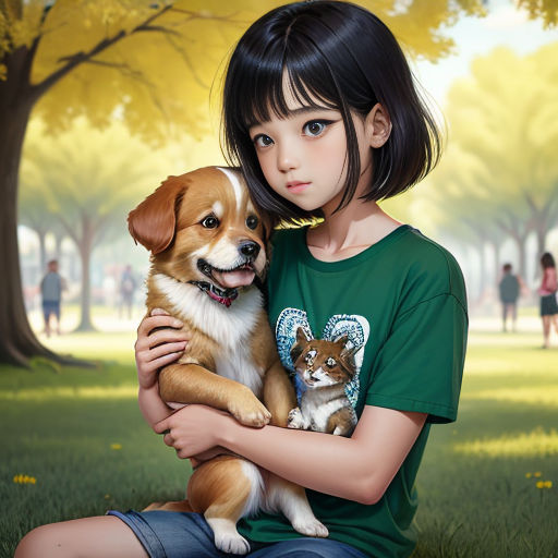 a girl holding a dog in a park with a cat on her lap and a dog in her lap