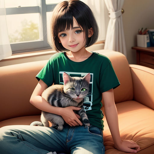 a girl sitting on a couch holding a cat in her arms and smiling at the camera with a window behind her