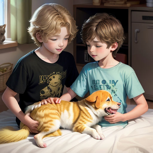 two boys are petting a dog on the bed together, while a cat is sitting on the bed