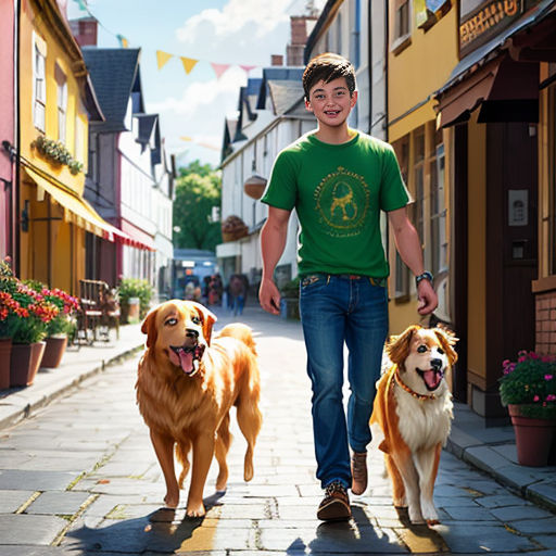 a man walking two dogs down a street next to buildings and flowers on the sidewalk in front of him