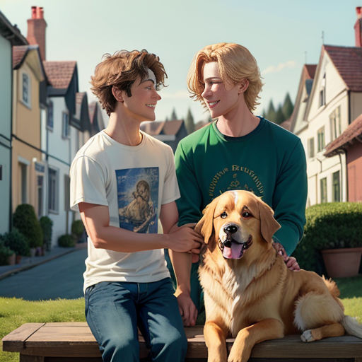 two boys sitting on a bench with a dog in front of them and a house in the background with a dog on the bench