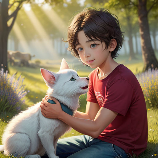 a boy sitting in the grass with a white dog and a forest background with blue flowers and trees, and a white cat with a blue collar, and a boy with a red shirt,