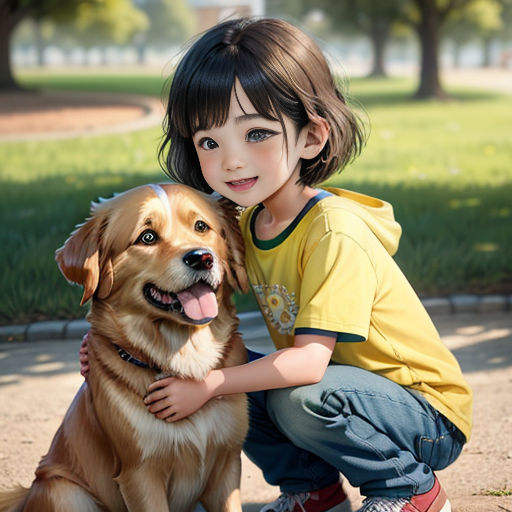 a young girl kneeling down next to a dog on a sidewalk in a park with grass and trees in the background