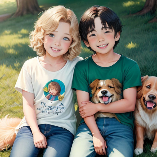 two children and a dog sitting in the grass together with their heads together and their faces close together,