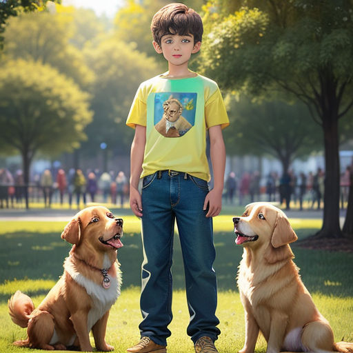 a boy standing next to two dogs in a park with trees in the background and people in the background