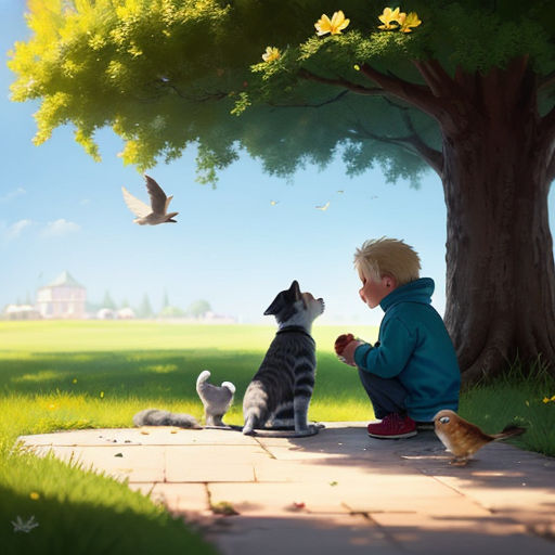 a little boy sitting on a sidewalk next to a dog and a cat and a bird flying by a tree