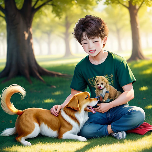 a boy sitting on the grass with two dogs in front of him and a tree in the background with a dog on his lap