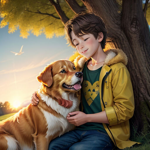 a boy and his dog are sitting under a tree in the park at sunset time, with a bird flying overhead