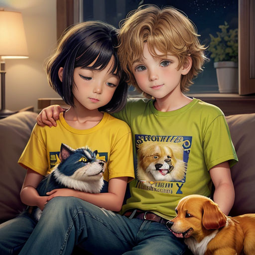 two children sitting on a couch with a dog and a cat in front of them, both of them are wearing yellow shirts