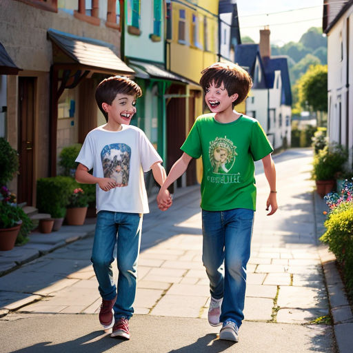 two boys walking down a sidewalk holding hands and smiling at the camera, with a house in the background