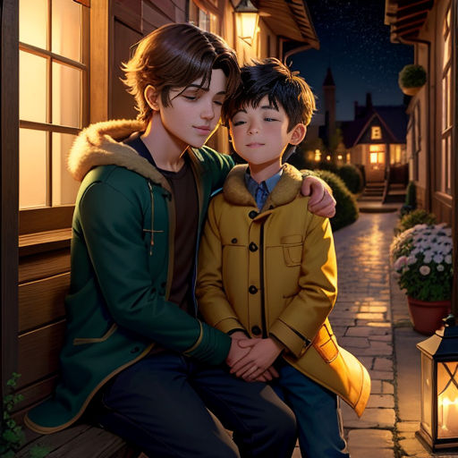 a boy and a boy sitting on a bench in front of a house at night with a lantern on the ground