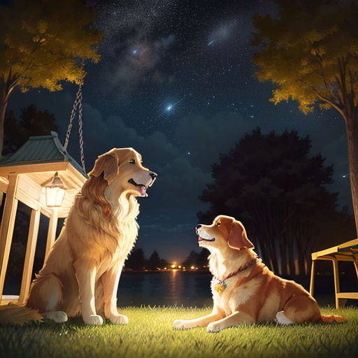 two dogs sitting on the grass in front of a lake at night with a lantern in the sky above them