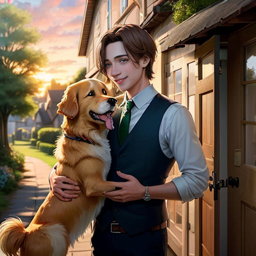 a man holding a dog in front of a house with a sunset in the background and a woman holding a dog