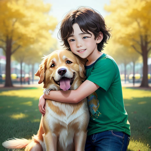 a boy hugging a dog in a park with trees in the background and a yellow dog in the foreground