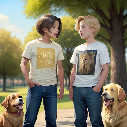 two boys and a dog standing in a park with trees in the background and a tree in the foreground