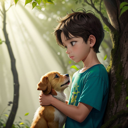 a boy holding a dog in a forest with sunlight streaming through the trees behind him and a dog looking up at him