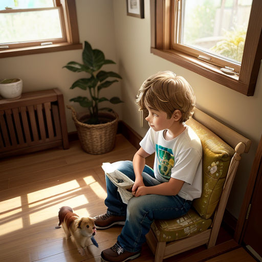 a young boy sitting on a chair next to a dog and a newspaper in front of him on the floor