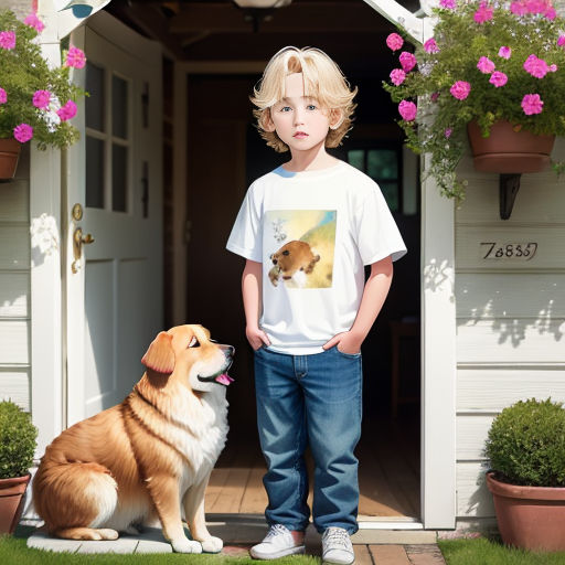 a boy standing next to a dog on a porch with flowers in the background and a dog sitting on the ground