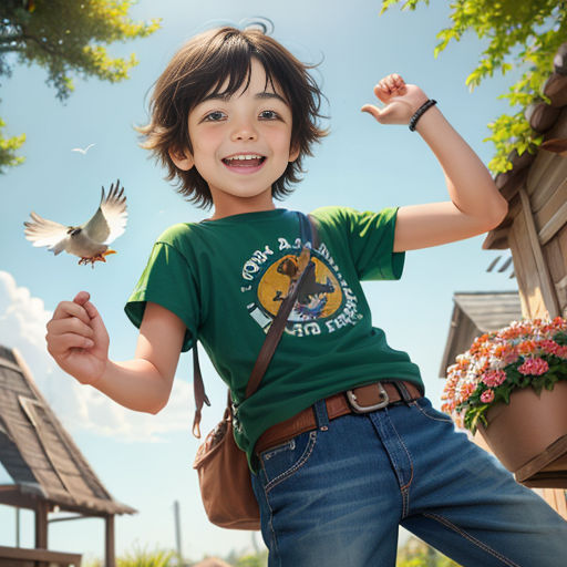 a young boy holding a bird in his hand and a bird on his shoulder with a bird on his shoulder