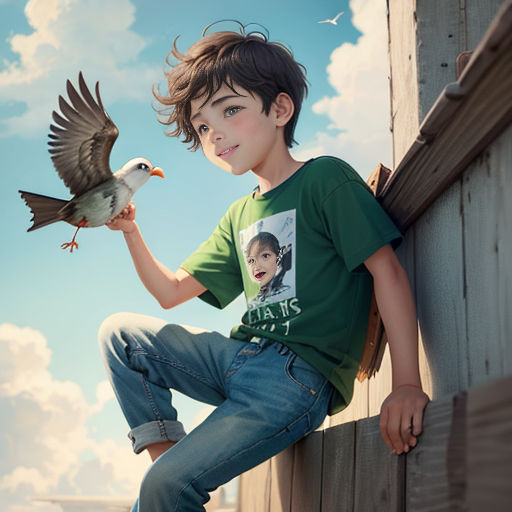 a boy sitting on a wall with a bird flying over him and a bird flying over him, with a picture of a boy on his shirt