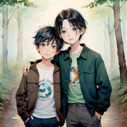a couple of people standing next to each other in a forest with trees and leaves on the ground and a path