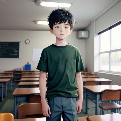 a young boy standing in front of a classroom full of desks with a window in the background and a chalkboard on the wall