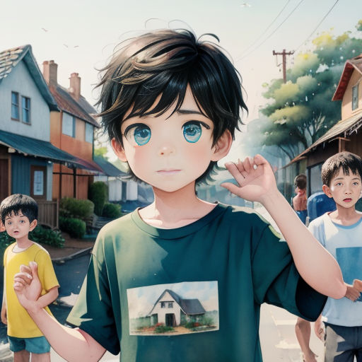 a boy with a green shirt and blue eyes standing in front of a group of children in a neighborhood