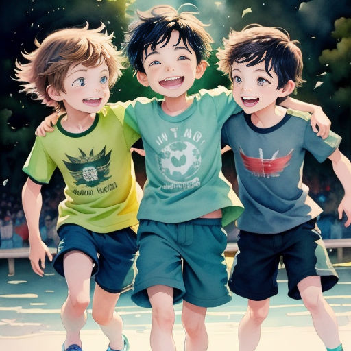 three young boys are posing for a picture together in front of a crowd of people and trees with leaves