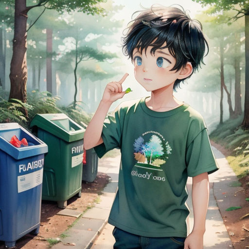 a boy is standing on a path in the woods with a green shirt on and a blue trash can