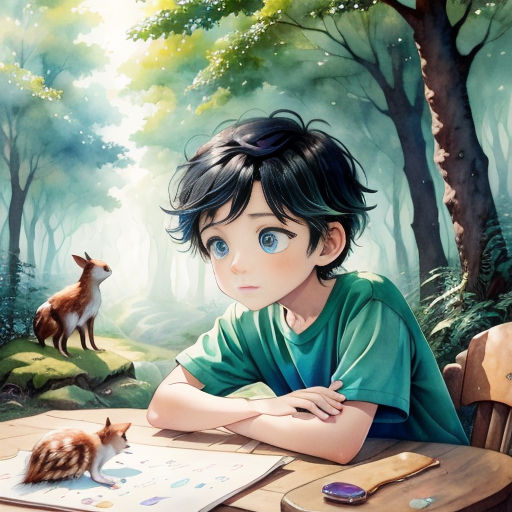 a boy sitting at a table with a cat and a fox in the background, with a forest scene behind him