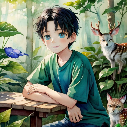 a boy sitting at a table with a cat and deer in the background, and a forest scene with a deer and a boy