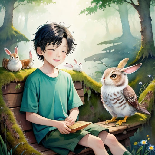 a boy sitting on a bench with an owl and rabbit on it's back and a book in his hand
