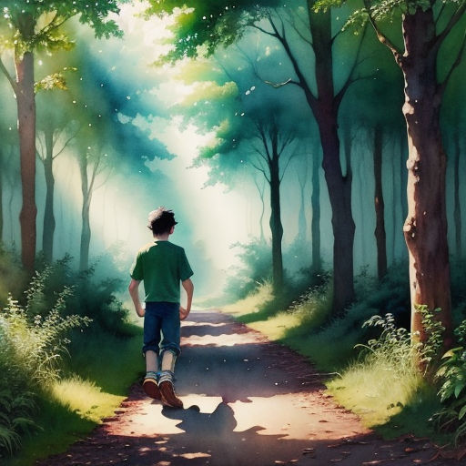 a painting of a boy walking down a path in the woods with a dog on the side of the road